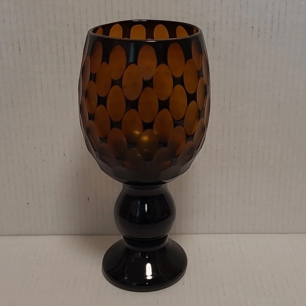Vintage Murano Style Black Cut to Amber Vase / Candle Holder